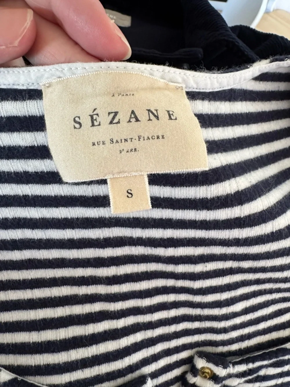 Sézane Striped Henley Tee Navy White Cotton Snap Front French Girl — Small - Picture 5 of 5